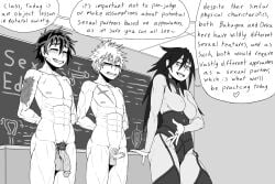 1girls 2boys big_balls big_penis black_and_white blackboard bondage_gear classroom clothed_female_nude_male dark_penis detailed_background dialogue embarrassed embarrassed_nude_exposure embarrassed_nude_male femdom foreskin freckles_on_face izuku_midoriya katsuki_bakugou kiahl lobsterkiahl malesub midnight_(my_hero_academia) muscular muscular_male my_hero_academia nemuri_kayama netorare ntr older_female penis_size_comparison penis_size_difference pubic_hair scar scars sex_ed sex_education shounen_jump small_balls small_penis small_penis_humiliation teacher_and_student