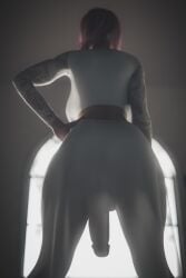 1futa 3d backboob big_breasts big_penis breasts clothed eclair_farron final_fantasy final_fantasy_xiii flaccid from_behind futa_only futanari hi_res highres hourglass_figure indoors ineffective_clothing low-angle_view penis penis_under_clothes see-through solo standing stevencarson thick_thighs wide_hips