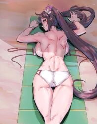 ass back_view backboob big_ass big_breasts big_butt bikini curvy fate/grand_order fate_(series) glasses huge_breasts laying_down laying_on_stomach looking_at_viewer looking_back mature_female minew muscular muscular_female swimsuit twintails untied_bikini yu_mei-ren_(fate) yu_mei-ren_(swimsuit_lancer) yu_miaoyi_(fate)