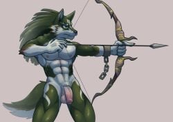 2023 abs absurd_res anthro anthrofied arrow_(weapon) balls blue_eyes bow_(weapon) canid canine canis ear_piercing ear_ring flaccid fur genitals hi_res humanoid_genitalia humanoid_penis male mammal muscular muscular_anthro muscular_male nintendo nipples nude penis piercing ranged_weapon ring_piercing simple_background solo sonicinmind the_legend_of_zelda twilight_princess weapon wolf wolf_link