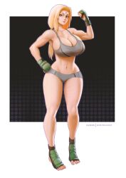 abs big_breasts blonde_hair breasts busty cleavage debirudude facial_mark female female_only forehead_mark huge_breasts long_hair looking_at_viewer makeup mature mature_female mature_woman mma_gloves muscular muscular_female naruto naruto_(series) naruto_shippuden solo solo_focus sports_bikini sports_bra toned toned_female tsunade voluptuous