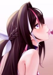 azki_(2nd_costume)_(hololive) azki_(hololive) black_hair blush colored_inner_hair commentary_request condom condom_in_mouth condom_mouth_application female highres hololive hololive_gen_0 hololive_japan long_hair looking_to_the_side mouth_hold multicolored_hair paid_reward_available pink_hair purple_eyes smile virtual_youtuber white_hair zabudog777