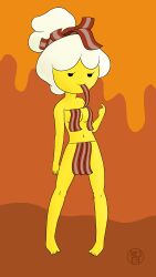 1girls adventure_time bacon breakfast_princess cartoon_network covered_breasts covered_pussy female female_only food food_creature food_girl hair_bun orange_background simple simple_background small_breasts white_hair yellow_body yellow_skin