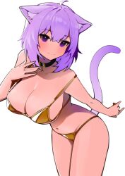 1girls animal_ears big_breasts cat_ears cat_tail dismassd gold_bikini hololive hololive_gamers hololive_japan hourglass_figure nekomata_okayu sole_female virtual_youtuber white_background