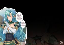 1girls aqua_hair armor braid breasts chloe_(fire_emblem) cleavage closed_eyes comic covered_navel elbow_gloves english_text female female_only fire_emblem fire_emblem_engage gloves green_hair highres huge_breasts light-skinned_female light_skin long_hair nintendo open_mouth own_hands_clasped own_hands_together revolverwingstudios shoulder_armor smile solo text very_long_hair white_gloves