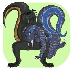 anthro artist_request big_breasts blowjob blue_(jurassic_world) closed_eyes cum cum_in_mouth indoraptor jurassic_world nipples sucking_penis