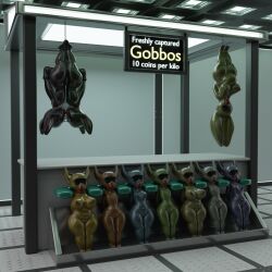 3d_(artwork) absurd_res ball_gag being_sold blender_(software) blindfold bondage bound comorito digital_media_(artwork) female gag gagged goblin goblin_female group hi_res humanoid not_furry rubber vacsack