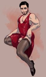 crossdressing crossdressing_male dress facial_hair facial_scar fallout fallout_(series) fallout_4 fishnets high_heels male male_only muscular_male paladin_danse solo_male wardrobe_malfunction yashy