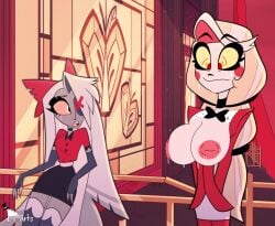 2girls big_breasts breasts_exposed charlie_morningstar_(hazbin_hotel) demon edit hazbin_hotel multiple_girls screencap screenshot screenshot_edit theplagueart topless topless_female vaggie_(hazbin_hotel)