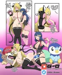 2girls alternate_breast_size anal_tail areolae artist_name bangs blonde_hair blue_eyes blue_hair blush bracelet breast_sucking breasts breath buneary buttplug cat_ears cat_tail cat_tail_buttplug collar cynthia_(pokemon) dawn_(pokemon) doggy_style duo female fingering fingers_in_mouth fur_collar game_freak ggc hair_ornament hairclip happy happy_sex human indoors large_breasts leash light-skinned_female light_skin long_hair mostly_clothed multiple_girls nintendo nipples on_knees one_eye_closed open_mouth panels pet_play petplay phone pillow piplup pokémon_(species) pokemon pokemon_(game) pokemon_(species) pokemon_dppt pussy pussy_juice red_scarf scarf sex sex_toy shiny shiny_skin sidelocks sleeveless_shirt strap-on strapon submissive submissive_female taking_picture text thighhighs yellow_eyes younger_dom_older_sub yuri