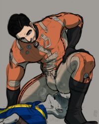 armor ass ass_sweat bethesda_softworks big_ass black_hair bodysuit brown_eyes bubble_ass bubble_butt clothed clothing danse_(fallout_4) dark_hair facesitting facial_hair fallout fallout_4 gay human human_only jumpsuit light_skin male male/male male_focus male_only motion_lines muscular_male paladin_danse skin_tight smile spit_strand struggling stubble suffocation sweat_string thick_thighs tight_clothing vault_suit watermark yaoi yashy