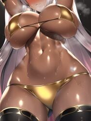 1girls ai_generated bikini breasts brown_skin dark-skinned_female dark_skin eyes_out_of_frame fate/grand_order fate_(series) female gold_bikini hi_res hips huge_breasts light-skinned_female light_skin long_hair nai_diffusion stable_diffusion thick_thighs thighs voluptuous white_hair wide_hips zenobia_(fate)