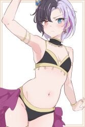 1girls asexual bikini black_hair crown dancer_outfit e-sekai flat_chest harem_outfit heterochromia idol-en idol_corp multicolored_hair prince purple_hair rin_penrose small_breasts solo solo_female tagme two_tone_hair virtual_youtuber vtuber