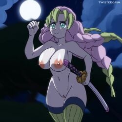 1girls animated areolae armpits big_breasts blue_eyes breasts demon_slayer demonios kanroji_mitsuri katana kimetsu_no_yaiba long_hair multicolored_hair nipples no_sound nude outdoors pussy running shorter_than_10_seconds shorter_than_30_seconds sole_female solo sword tagme thighhighs tri_braids tri_tails twistedgrim video