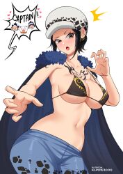 1girls bepo big_breasts bikini bikini_top black_bikini black_hair blush canon_genderswap cape chest_tattoo earrings elpipe3000 female female_only genderswap_(mtf) hat headwear heart_pirates jeans offscreen_character one_piece penguin_(one_piece) rule_63 shachi_(one_piece) shiku_shiku_no_mi short_hair shounen_jump solo tattoo tattoos trafalgar_law trafalgar_law_(female) underboob wide_hips yellow_eyes