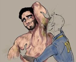 armpit_fetish armpit_hair armpit_licking armpits black_hair dirty facial_hair fallout fallout_(series) fallout_4 gay male/male male_only manpits muscular_male musk paladin_danse scentplay stink_lines vault_dweller vault_suit yaoi yashy