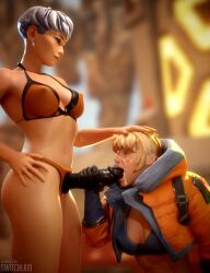 2girls 3d apex_legends blonde_hair blowjob cum dildo fellatio female oral oral_sex squirting_sex_toy strap-on switchlaid valkyrie_(apex_legends) wattson_(apex_legends) white_hair yuri