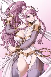 1girls absurdres armlet braided_sidelock breasts cameltoe covered_nipples dancer detached_sleeves female female_only fire_emblem fire_emblem_awakening gold_trim hairband high_ponytail highres human jewelry long_hair looking_at_viewer medium_breasts midriff navel nintendo no_visible_genitalia olivia_(fire_emblem) panties pink_hair ponytail purple_eyes rakusai_(saisai_garou) ring see-through see-through_sleeves shawl smile solo spiked_ring underwear very_long_hair white_background white_panties white_shawl