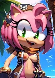 1girls 5_fingers ai_generated amy_rose anthro black_rose_(sonic_prime) breasts breasts_out eulipotyphlan female female_only gloves green_eyes hairband hedgehog jewelry mammal mobian_(species) navel nipples open_mouth palm_tree pink_fur pink_hair pixai scarf scarf_only scut_tail short_hair solo sonic_(series) sonic_prime toony