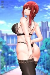 1girls arms_behind_back ass black_bra black_lingerie black_panties black_underwear bra braid braided_hair butt chainsaw_man clouds color colored d.d.g day daytime ddg3420 facebook_username female female_only holding_own_arm lace-trimmed_bra lace-trimmed_legwear lace-trimmed_panties lace-trimmed_thighhighs lace_panties lace_trim legwear light-skinned_female light_skin lingerie looking_back makima_(chainsaw_man) only_female outdoors outside panties patreon_username red_hair sideboob solo solo_female solo_focus thighhighs thighs twitter_username underwear yellow_eyes