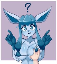 1girls ? big_breasts blue_eyes blush breasts cleavage cute eeveelution female female_focus female_only glaceon light_blue_body lucyfercomic nintendo pokémon_(species) pokemon pokemon_(species) simple_background solo touching touching_breast