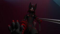 3d_(artwork) absurd_res anthro canid canine canis digital_media_(artwork) female first_person_view genitals hi_res hybrid leash lilliththerex66 looking_down mammal mephitid nipples paws pussy skunk solo wolf