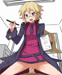 alternate_version_available bottomless bottomless_skirt clothed_female clothed_female_nude_male clothed_sex cowgirl_position cum cum_in_pussy cum_inside disgaea ejaculation female_on_top femdom furanshisu malesub nippon_ichi_software no_panties professor_(disgaea) public_sex pussy sex