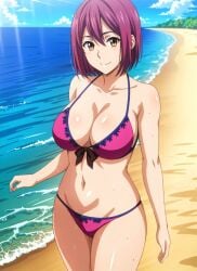 1girls ai_generated arato_hisako beach big_breasts bikini brown_eyes busty cleavage female female_only large_breasts legs looking_at_viewer navel ocean purple_hair shokugeki_no_souma short_hair smile solo sweat thighs voluptuous water