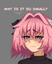 1boy astolfo_(fate) english_text fate/grand_order fate_(series) femboy feminine_male girly male simple_background small_penis_humiliation souz_(souzhoru) souzhoru trap