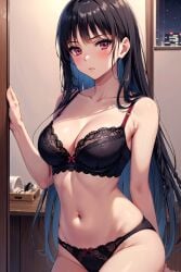 ai_generated black_hair blush classroom_of_the_elite embarrassed horikita_suzune red_eyes stable_diffusion thighs youkoso_jitsuryoku_shijou_shugi_no_kyoushitsu_e