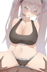 1boy 1girls arms_behind_back azur_lane bangs bare_shoulders black_panties blue_eyes blush bra cleavage dark-skinned_male dark_skin eagle_union_(azur_lane) fair-skinned_female grey_hair hair_ornament heart interracial intrepid_(azur_lane) joonmogoo large_breasts light-skinned_female light_skin long_hair midriff mole_on_breast sidelocks sitting_on_person thighs twintails white_background