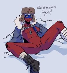 1cuntboy blue_background countryhumans cuntboy cuntboy_only drunk half_naked homophobic_slur intersex legs_apart no_pants on_floor public_nudity pussy red_body red_skin russia_(countryhumans) shirt_up snow spread_legs text white_shirt without_clothes