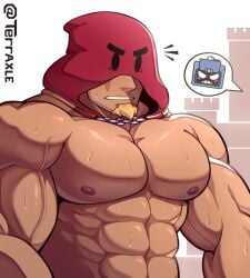 ash_(brawl_stars) bara big_muscles blushing brawl_stars chin_tuft gay grom_(brawl_stars) hoodie muscular muscular_male nipples pectorals simple_background sweat terraxle veins