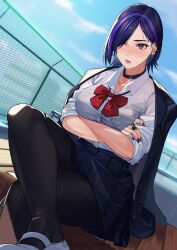 1girls black_choker black_hair black_jacket black_nails black_pantyhose black_skirt blue_sky blush bowtie breasts choker collared_shirt crossed_arms crossed_legs day ear_piercing earrings female female_focus hair_behind_ear hair_over_one_eye highres jacket_on_shoulders kagematsuri love_letter medium_hair mole_under_mouth multicolored_hair nail_polish original original_character outdoors pantyhose piercing pink_eyes pleated_skirt purple_hair red_bow ring rooftop school school_uniform shirt shoes sitting skirt sky sleeves_rolled_up solo_focus streaked_hair two-tone_hair uniform uwabaki white_footwear white_shirt