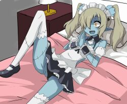 alternate_version_available disgaea disgaea_5 flat_shoes flats furanshisu maid maid_(disgaea) maid_dress maid_headdress maid_outfit maid_uniform mary_janes nippon_ichi_software panties panties_aside pussy thighhighs upskirt zombie zombie_girl