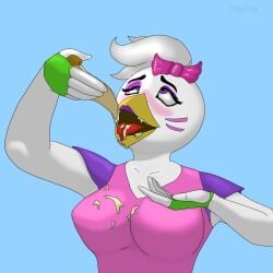 ahe_gao breasts cheese chica_(fnaf) chicken five_nights_at_freddy's five_nights_at_freddy's:_security_breach fnaf glamrock_chica_(fnaf) melted_cheese messy open_mouth pizza purple_eyes tight_clothing tongue tongue_out