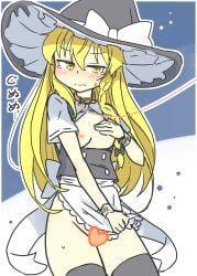 1girls 2021 blonde_hair blush breasts breasts_out censored censored_pussy female female_only heart japanese_text long_hair marisa_kirisame matsu_kitsune nipples partially_clothed solo solo_female star stockings tears thighhighs touhou witch_hat yellow_eyes