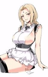 apron big_breasts blonde_female blonde_hair blonde_hair_female blush breasts brown_eyes clothed_female clothing costume huge_breasts large_breasts looking_at_viewer maid maid_apron maid_uniform makeup mature mature_female mature_woman milf naruto naruto_(series) naruto_shippuden no_bra outfit relaxjon revealing_clothes sitting skimpy skimpy_clothes smile stockings thick_thighs thighs tsunade uniform