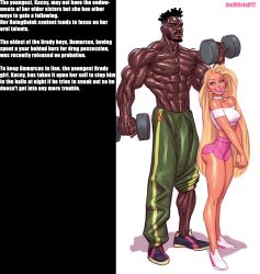 1boy 1girls ass big_ass big_penis blonde_hair blue_eyes breasts brown_eyes bubble_butt bulge busty character_sheet damarcus_brady dark-skinned_male dark_skin female full_body hourglass_figure huge_cock interracial kacey_brady large_breasts light-skinned_female light_skin long_hair male medium_breasts muscles muscular muscular_female muscular_male pale-skinned_female penis_to_the_knees pink_shorts stepbrother stepsibling stepsister straight tan tan_body tan_skin text the_brady_bunch theofficialpit wide_hips yellow_hair