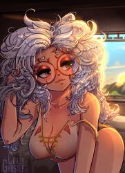 1girls bent_over blush breasts cleavage crazy_ghostle disheveled female glasses hi_res large_breasts messy_hair nintendo panties purah purah_(tears_of_the_kingdom) red_eyes round_glasses strap_slip tears_of_the_kingdom the_legend_of_zelda waking_up white_hair