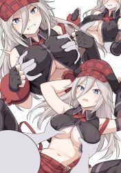 1girls 1other alisa_ilinichina_amiella ambiguous_consent bandai_namco bare_shoulders big_breasts black_gloves blue_eyes blush breast_grab breast_squeeze breasts cabbie_hat cleavage clenched_teeth covered_erect_nipples dubious_consent embarrassed erect_nipples erect_nipples_under_clothes female fingerless_gloves fondling_breast gloves god_eater grabbing_from_behind groping groping_breasts hat large_breasts light-skinned_female light_skin long_hair midriff molestation multiple_views navel nipple_outline offscreen_character open_mouth perky_breasts plaid plaid_skirt platinum_blonde_hair questionable_consent revealing_clothes russian shiseki_hirame stomach suspenders sweat sweatdrop teen teen_girl teenage_girl teenager underboob vest white_hair young