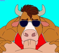 anthro anthro_penetrated bovid bovine cattle duo eyewear fellatio human human_on_anthro human_penetrating human_penetrating_anthro interspecies lifeguard male male/male mammal muscular muscular_anthro muscular_male oral penetration penile pool poolside public sex sunglasses thatgtaguy