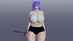 3d ambiguous_gender big_breasts breasts female female_focus female_only genshin_impact keqing_(genshin_impact) looking_at_viewer losakdodo nipples poktaklulu potakdodo potaklulu sword