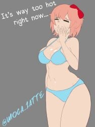 1girls 5_fingers artist_name bare_shoulders big_breasts blue_bra blue_eyes blue_panties bow bra breasts cleavage doki_doki_literature_club english_text eyes_open female gray_background grey_background hairbow just_sayori light_blue_bra light_blue_panties matching_underwear moca_1atte navel open_eyes open_mouth panties red_bow red_hair_bow red_hairbow sayori_(doki_doki_literature_club) strawberry_blonde_hair text thighs twitter_username waving_hand white_text