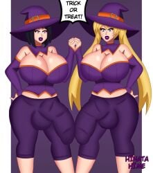 2futas balls black_hair blonde_hair breasts bulge clothed clothing dialogue duo english_text flaccid fully_clothed futa_only futanari halloween hinata-hime huge_ass huge_balls huge_breasts huge_cock human hyuuga_hinata light-skinned_futanari light_skin long_hair naruko naruto penis standing text thick_thighs trick_or_treat uzumaki_naruto wide_hips