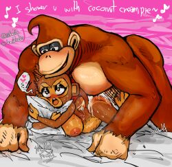 72hoka ambiguous_penetration anthro anthro_only ape bed bloons_tower_defense blush bodily_fluids breasts brown_body brown_fur crossover cum dialogue donkey_kong donkey_kong_(series) duo female fur furniture genital_fluids gorilla haplorhine hi_res hoka male male/female mammal meme moan monkey monkey_girl ninja_kiwi nintendo penetration pillow primate_penis