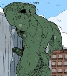 1boy armpit armpit_hair armpits arms_behind_head bara body_hair boner city_background crawdunk64 dom_(crawdunk64) erection giant_male hairy macro male male_only monster musk musk_clouds nude orc skyscraper smelly sniffing solo solo_male sweat sweating