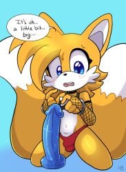 2_tails anthro armwear blush bracelet bulge canid canine choker clothing crop_top dialogue dildo english_text femboy fishnet fishnet_armwear fox furry gay hi_res jewelry kneeling male mammal multi_tail necklace nekoniku panties sega sex_toy shirt solo sonic_(series) sonic_the_hedgehog_(series) tail tails text topwear underwear