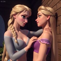 ai_generated air34x blonde_hair blue_eyes clothed crossover disney disney_princess elsa_(frozen) female frozen_(film) green_eyes groping hand_on_breast rapunzel tangled yuri