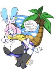 1boy big_breasts black_bra bra breasts breasts_bigger_than_head bunny_boy bunny_ears busty_boy delaynsfw english_text furry huge_breasts male male_only peanut_butter_(theycallhimcake) solo spoken_heart text tree white_background